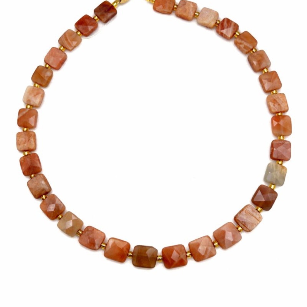 Sunstone Square Bead Necklace in Warm Peach